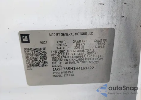 2017 Chevrolet Sonic Ls Auto z USA, uszkodzony, nr VIN 1G1JB5SH1H4163722